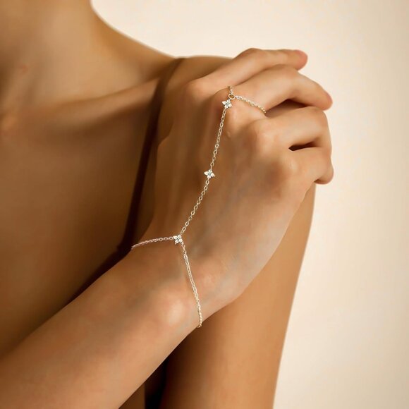 Sterling Silver SL-round Clover Link Chain Ring Bracelet Hand Chain for Women - Picture 3 of 7